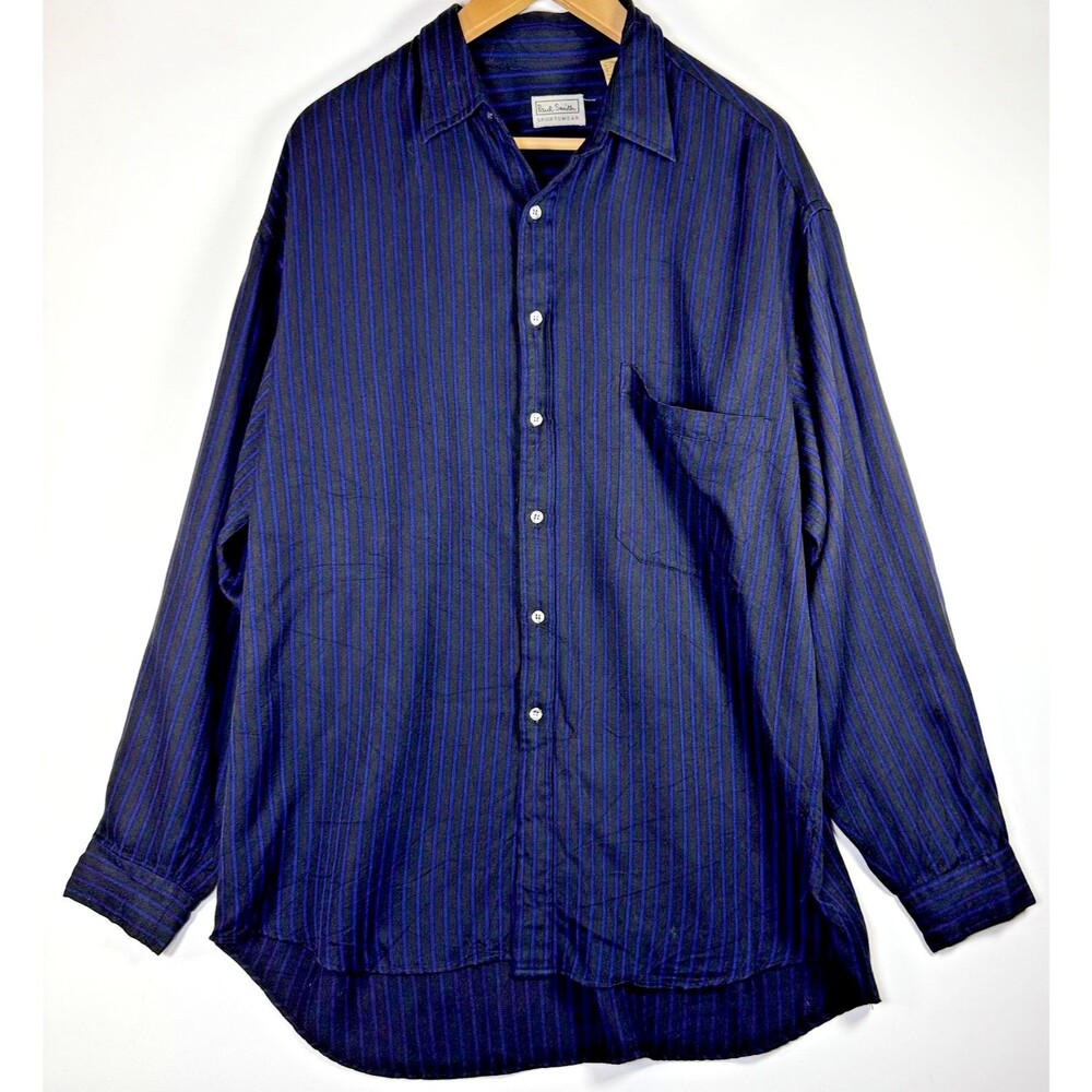 Paul Smith Sportswear Shirt Men Large Blue Black Striped Rayon Wool Button Up